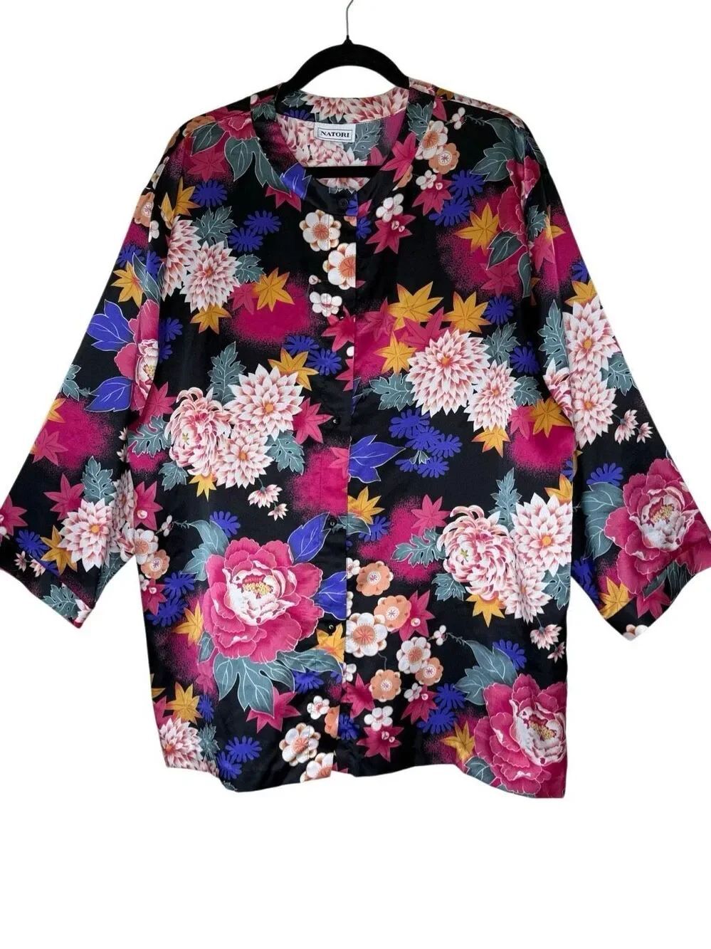 Natori Blouse Vibrant Floral Print Kimono Sleeve Size XL Dopamine, Maximalist